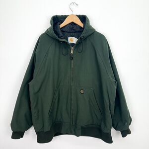 Carhartt Vintage J68 OLV Green Canvas Full Zip Quilted Lined Hooded Work Jacket